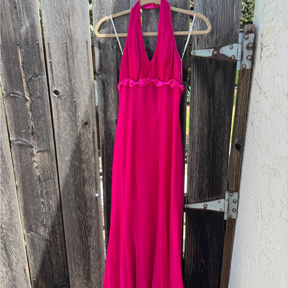 Vintage Y2K 90s Chic Pink Fuchsia Halter Gown Bow Dress